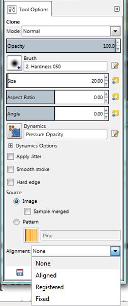 Clone Tool Alignment Options When you choose None, the source will move as you move the paintbrush to stroke. When you set go of the mouse, the source will snap back to the original source point.