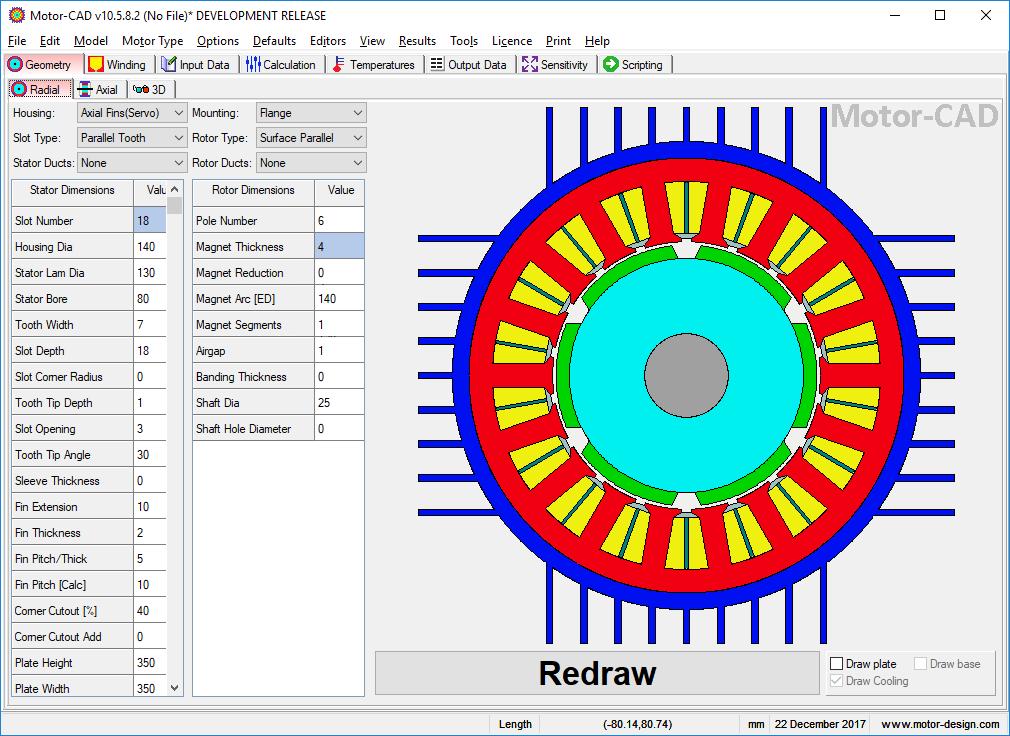 The radial cross section now shows the machine housing and machine model can now be set up with housing type, ducts, materials and cooling options etc. that are important for the thermal model.