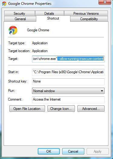 Fig. II.7 4) Adaugati textul allow-running-insecure-content la sfarsitul textului din campul Target. 5) Apasati OK 6) Lansati Google Chrome.