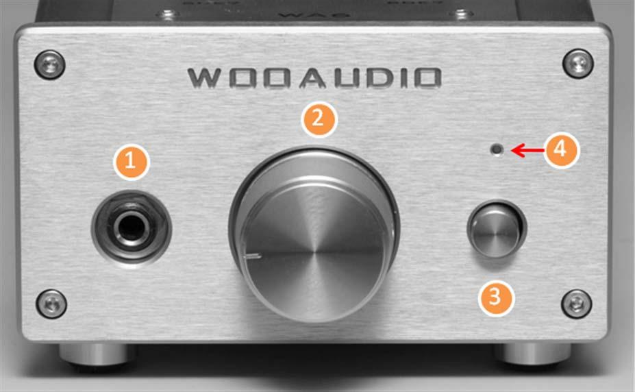 Turning the amplifier on: 1. Turn the volume knob to the lowest position. 2. Insert a headphone into headphone output 1. 3. Press the power switch 3 to a locking position. The power LED will light. 4.