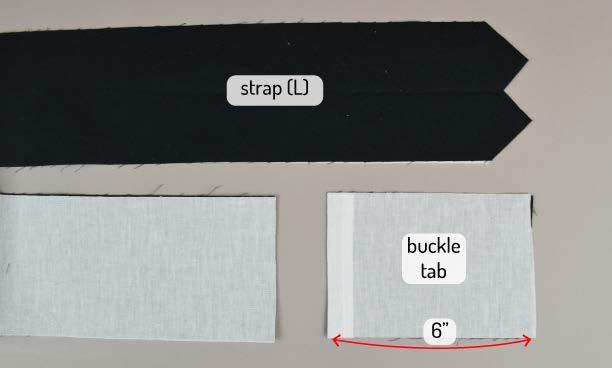 the strap & handle gather your Strap (L) outer fabric and Strap (L) interfacing, the Handle (G) outer fabric and the Handle (G) interfacing, 2 Tab (H) outer fabric pieces, 2 Tab (H) interfacing