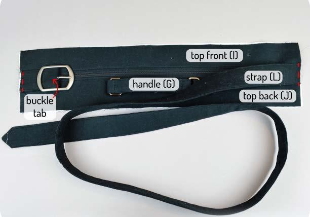 After the handle, add in the Strap (L) and Buckle Tab on each side.
