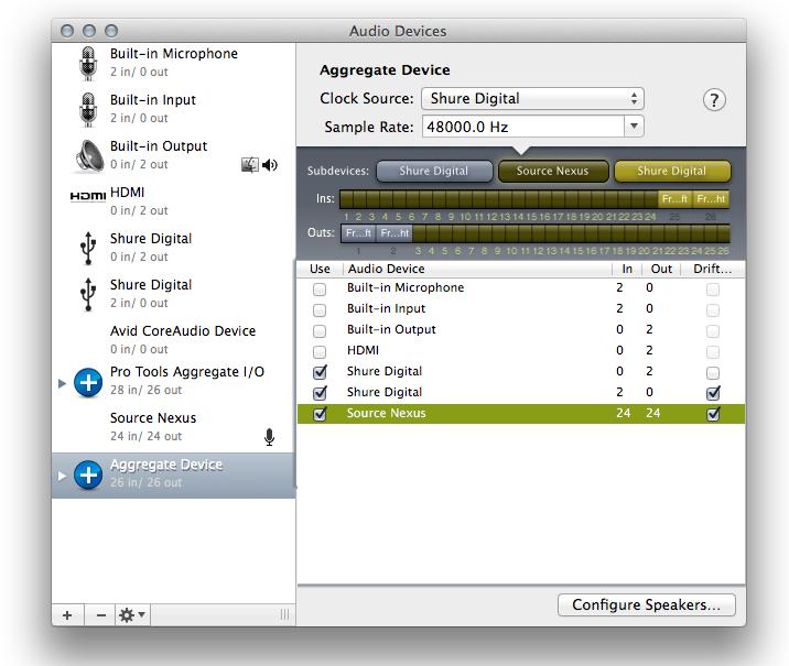 6.4 Using an Aggregate Device While the Source-Nexus Basic plug-in is mono or stereo only, you have full access to all 24 tracks via the Source-Nexus Audio Driver.