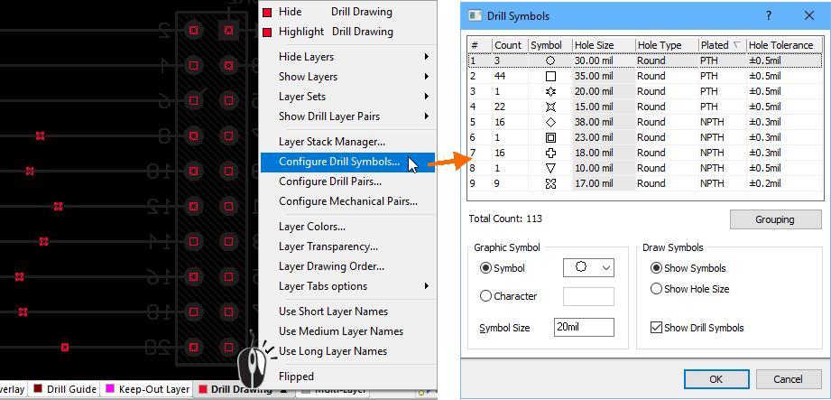 Conﬁgure the drill symbol assignments and enable their display in the Drill Symbols dialog.