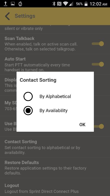 3. Tap on Contact Sorting setting. A pop-up displays. Contact Sorting Setting 4. Select either By Alphabetical or By Availability. Contact Sorting Setting Options 5.