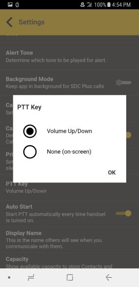 Note: If your phone does not have a camera button, the Camera option will not be shown. PTT Key Setting Options 3.