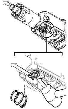 -9-00 d Combined drill/chisel hammer: Removing the spindle Drive out the complete spindle assembly with light taps on rear spindle spline end () with a plastic face hammer.
