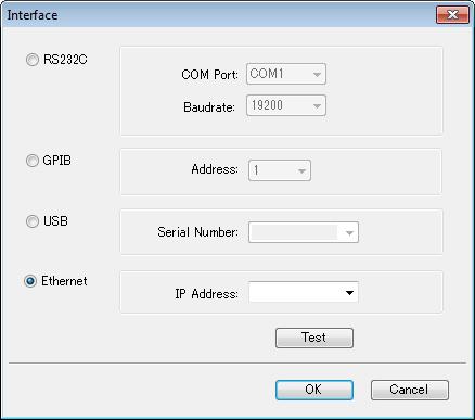Configuring the Interface Using the LAN interface 1 3 Check that the PC is connected properly to the PCR-LE. On the Sequence menu, click Interface. The Interface dialog box appears. Select Ethernet.