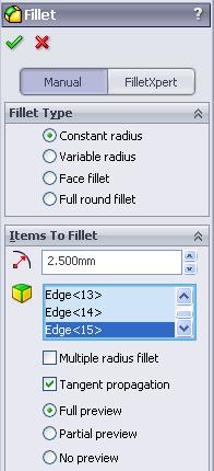 Where to find it Select the Fillet tool from the features toolbar Insert Fillet Select the Fillet option. The fillet options appear in the property manager. Set the Radius value to 2.