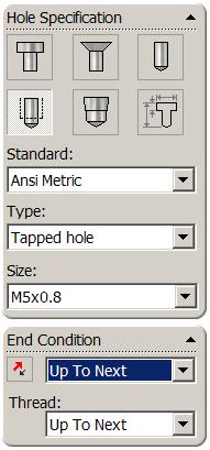 Select Hole Wizard from the features toolbar Set the properties of the hole as follows: Type: Tap Standard: Ansi