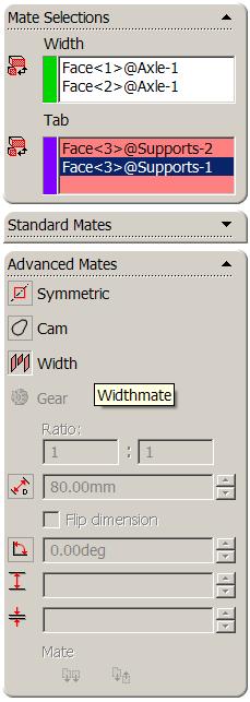 Width Selections form the outer faces used to contain the other component Tab Selections form the inner faces used to locate the other component Adding a Width Mate Choose Mate, and select the
