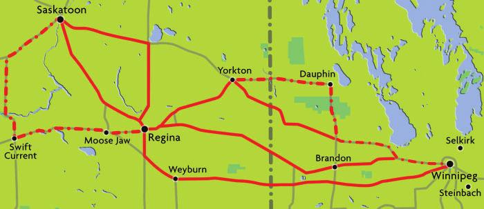 C. Draw a tree diagram to visualize and count all the possible routes he can take from Winnipeg to Saskatoon, through Regina. Compare the results to your answer in part B. What do you notice? D. Serge is thinking about adding a fourth route from Winnipeg to Regina, through Dauphin and Yorkton, and a third route from Regina to Saskatoon, through Moose Jaw and Swift Current.