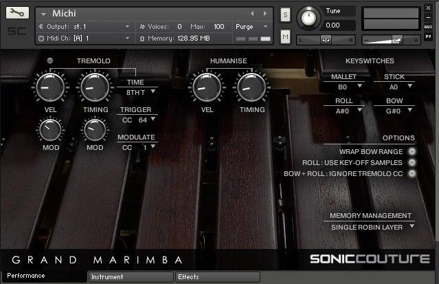 THE PERFORMANCE PANEL This panel contains various options for setting up the Marimba to behave the way you prefer.
