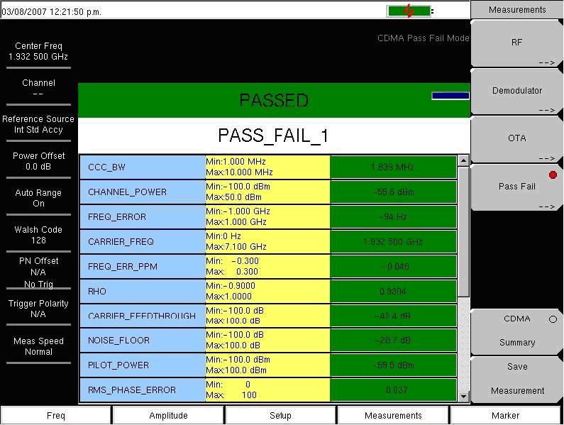 2-7 Pass Fail Setup CDMA Signal Analyzer 2-7 Pass Fail Setup The instrument stores user-defined Pass/Fail criteria for testing base station performance and recalls these models for quick, easy