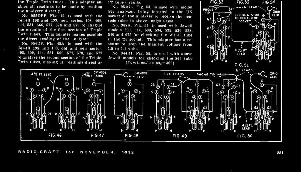 50, is used with the 198 and 199 new series, 408, 409, 577, 578 and 579 analyzers for analysis of the seven -prong tube circuits. No. 975DSW, Fig.