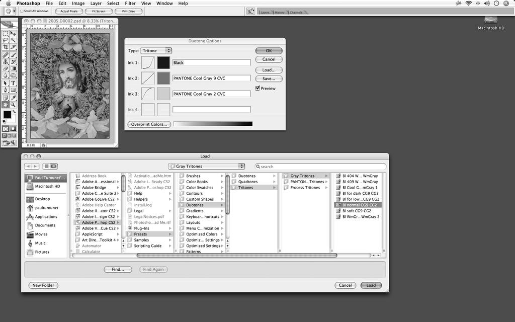 To create a Mutitone, convert a Grayscale image to a Duotone mode. This is accomplished by clicking on Image > Mode > Duotone.