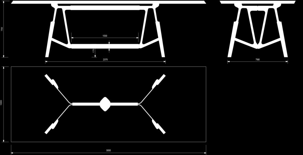 Stammtisch Rectangular table top Length table: 300 cm 270 cm 240 cm 210 cm Length bar underneath table: 153 123 93 63 Length space between legs: