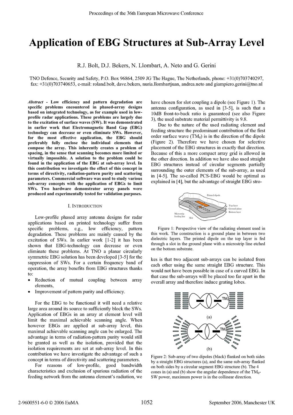 Proceedings of the 36th European Microwave Conference Application of EBG Structures at SubArray Level RJ Bolt, DJ Bekers, N Llombart, A Neto and G Gerini TNO Defence, Security and Safety, PO Box