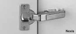 Tool-less Impresso hinges feature die-cast steel cup and closing flap with all metal construction for positive and secure attachment to cabinet door Available in self-closing only Nexis hinges are