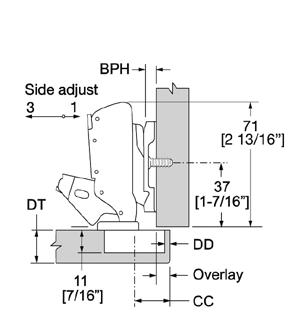 minimum gap and reveal Use with restrictive clip (described below) for special applications- lipped doors, and mitered corners Nexis 170 degree opening hinges have: - Cup depth of 11mm - Hinge cup