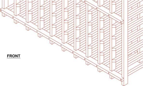 6. Set the two single-sided ladders with the backs on the floor (angled slats facing up) and into the open end rabbet (or slot) locations (Figure 2).