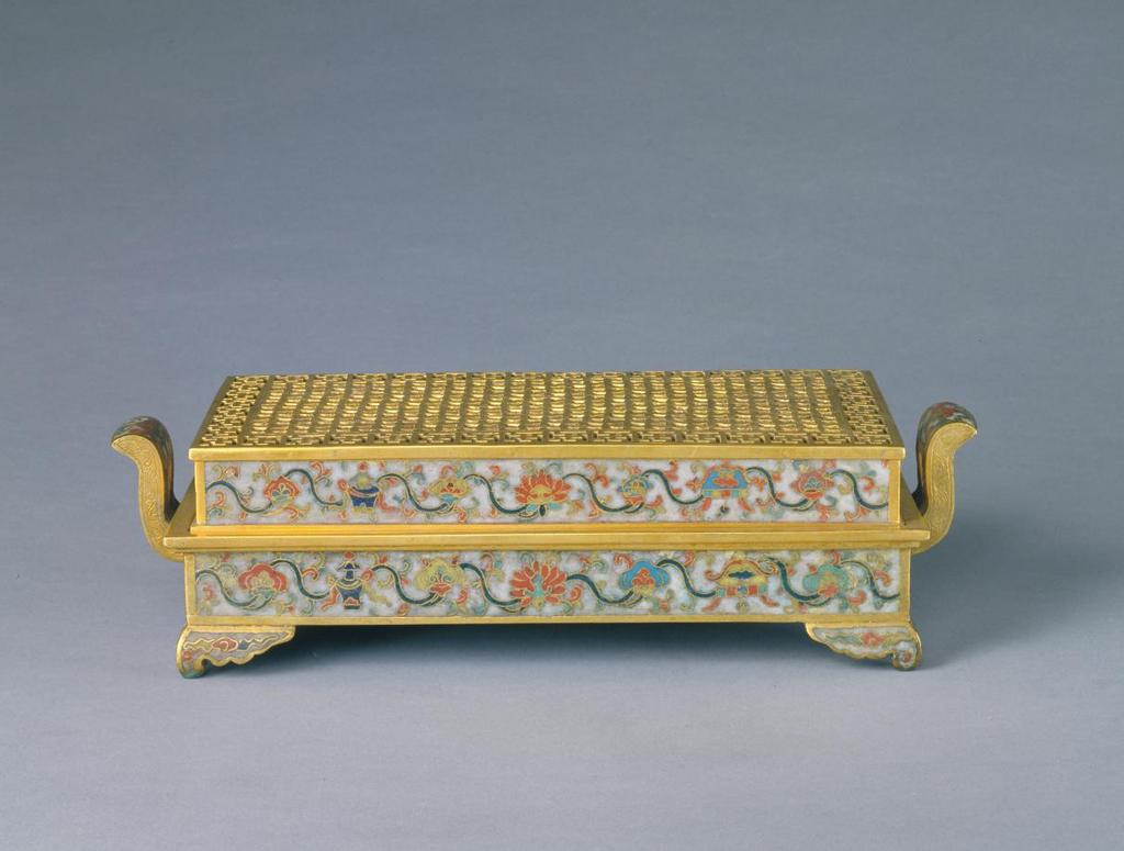 Incense Burner with Symbols of Eight Treasures Ming dynasty, Wanli period (1573 1620) Copper alloy with gilding and polychrome enamel inlays Cloisonné; enamels on copper Palace Museum, Gu.