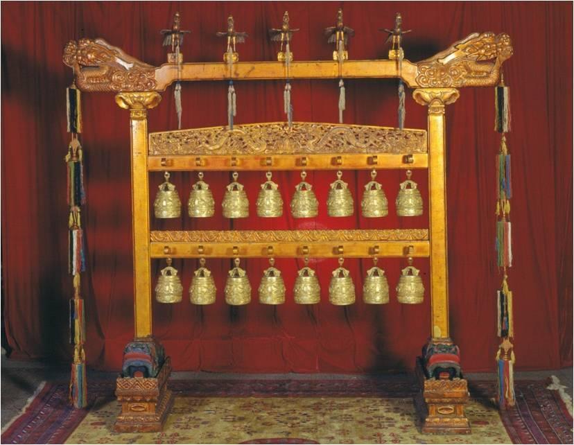 Set of Ritual Bells, dated 1713 Qing dynasty, Kangxi period (1662 1722) Gilt bronze, gold lacquer on wood, painted design, silk Palace Museum, Gu.
