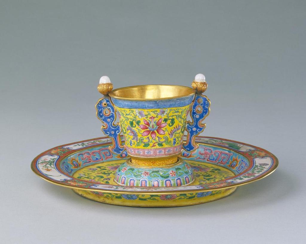 Wine Set of Cup and Saucer Qing dynasty, Qianlong period (1736 95) Gold with polychrome enamels, two pearls on handles Palace Museum, Gu.