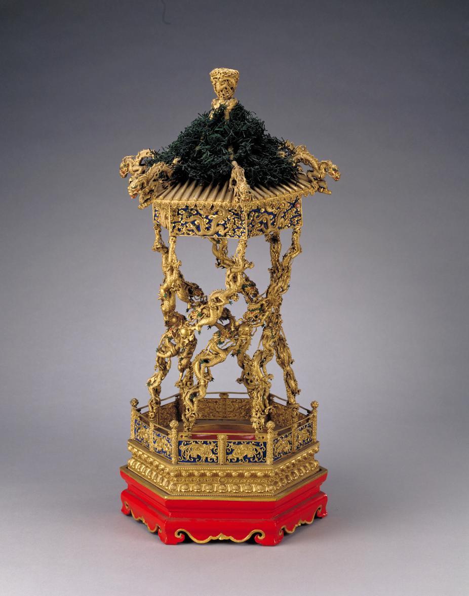 Fruit Container in the Shape of a Hexagonal Pavilion Qing dynasty (1644 1911) Copper alloy with gilding and inlays of turquoise stone and polychrome enamel, lacquered wooden stand, silk cords Palace