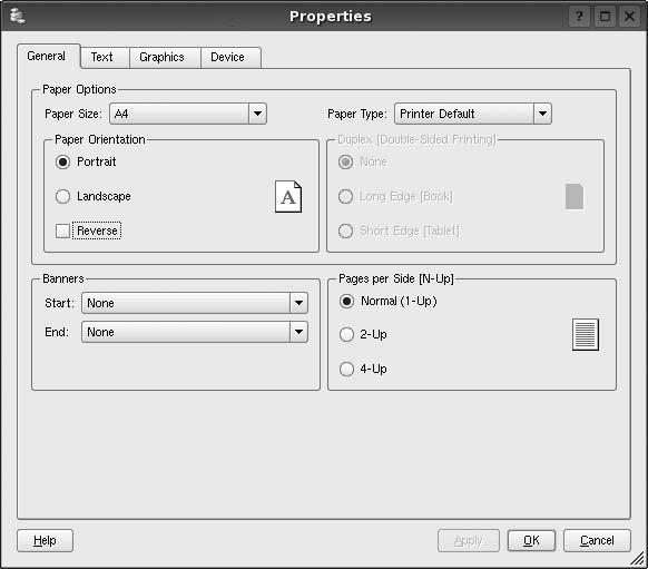 3 În fereastra LPR GUI, selectaţi numele de model al aparatului dumneavoastră din lista Imprimante şi faceţi clic pe Properties. Faceţi clic.
