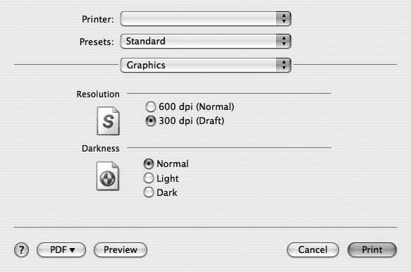 Graphics Fila Graphics furnizează opţiuni pentru a selecta Resolution(Quality) şi Darkness. Selectaţi Graphics din lista derulantă Presets pentru a accesa funcţiile grafice.