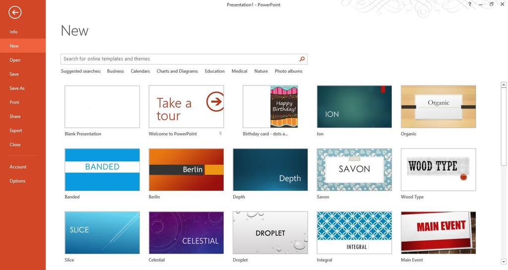 Introducere Microsoft PowerPoint 2013 are un aspect complet nou: este mai îngrijit și optimizat pentru a fi utilizat pe tablete și telefoane, pentru a trage cu degetul și a atinge tastele în toate