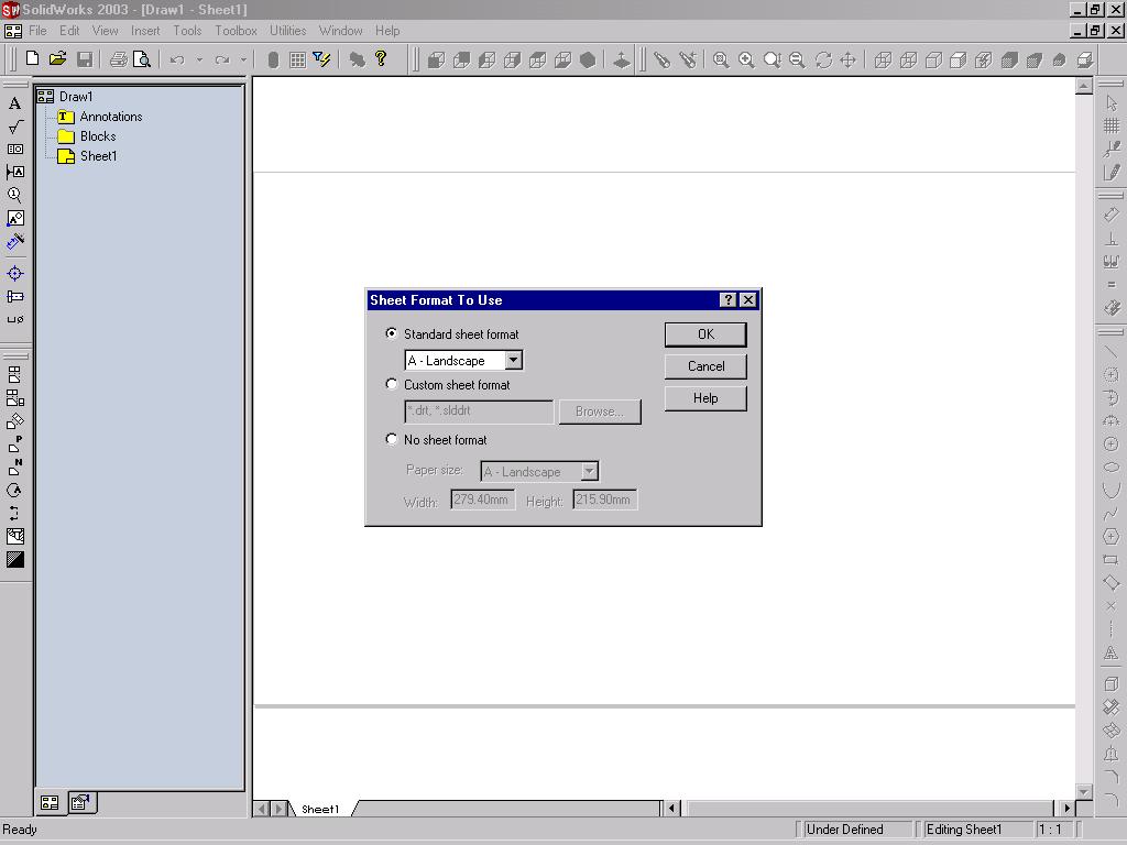 Working With Drawing Views-I 12-3 When you choose the OK button from the New SolidWorks Document dialog box, a new Drawing document is invoked. The Sheet Format To Use dialog box is also displayed.