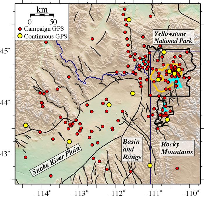 Yellowstone GPS Network GPS campaigns Campaigns in 1987, 1989, 1991, 1993, 1995, 2000, 2003 150 sites Station velocity precision ~1 mm/yr Sites concentrated in YS Plateau Continuous