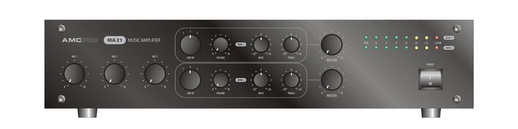 Operation Front Panel 1 2 3 4 5 6 7 8 9 1. Mic input level control 2. Line input selector 3. Line input level control 4. Tone control - bass 5. Tone control - treble 6. Zone 2 master level control 7.