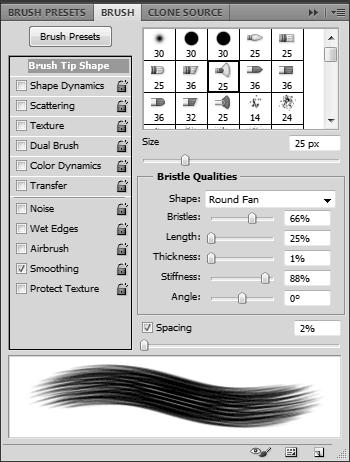 New options in the Brushes Panel With the new brushes, you can control the number of bristles, length, thickness and stiffness and not only can you see the
