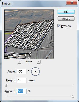 Emboss Dialog Make sure Height is relatively small this depends on how large your canvas is, and make sure you crank the Amount all the way to the max.