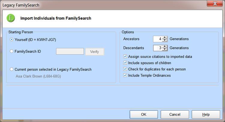 Import Tree Click on to import a tree from FamilySearch starting with yourself, or starting with a person whose FamilySearch ID you enter, or starting with the current person in Legacy FamilySearch.