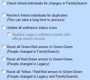 replace, Master List clean up, etc.). Rather than re-synchronize them one by one, you can automatically reset their arrows colors as well as update temple ordinances for matched individuals.