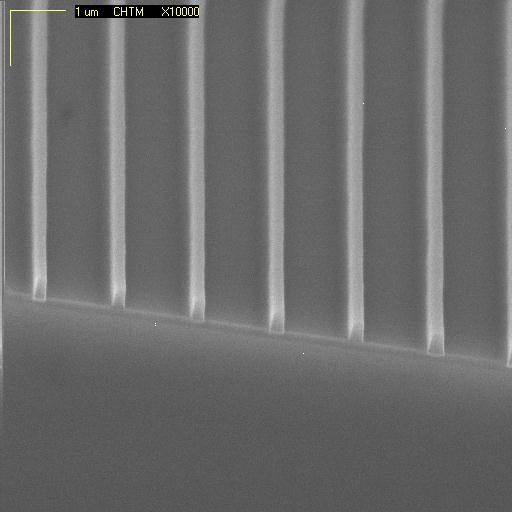 Figure 5: 1.3um pitch with ~100nm lines x10k magnification Figures 4 and 5 both show lines that are much more narrow than those in figures 1-3.