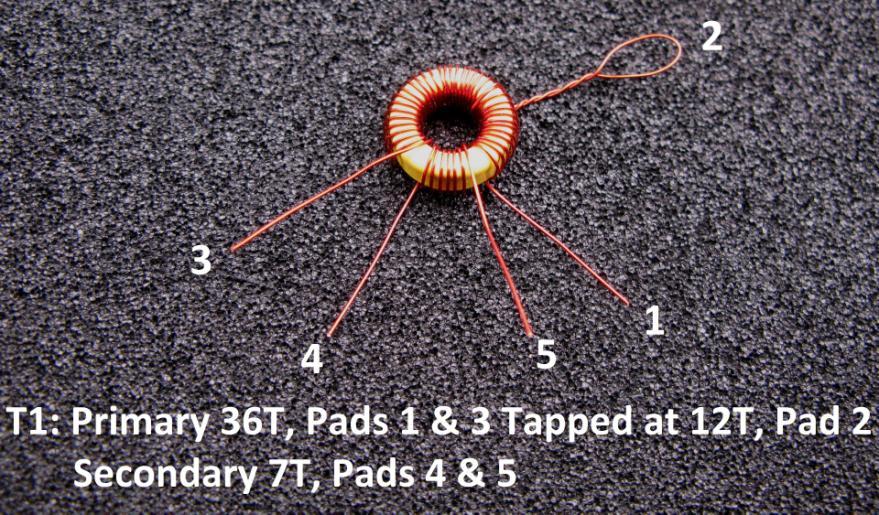 [ ] Wind T1 with the number of turns indicated. If you wind it in the clockwise direction, when the leads are bent down they will align with the numbered pads on the pcb.