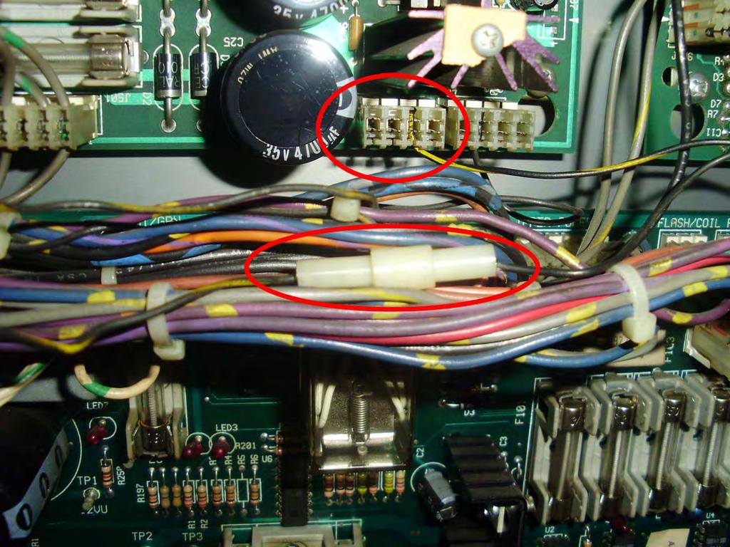 3) Disconnect J505 from the Sound Board, see picture below. 4) Disconnect the in line connection you see circled below. You might have to dig around that bundle of wires a bit to locate it.