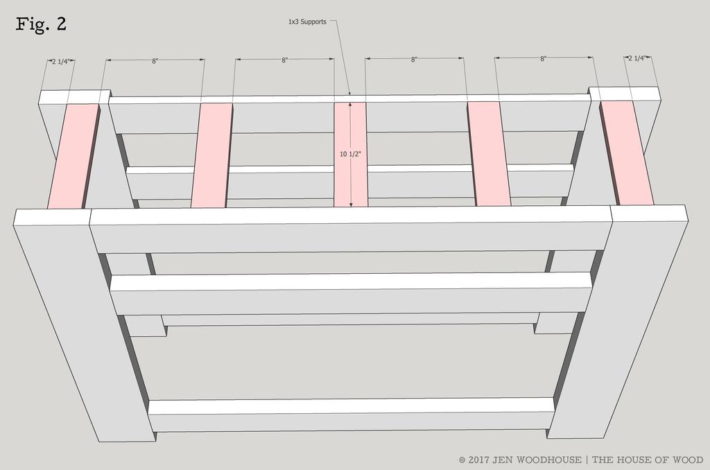 Chunky X Media Console Copyright 2017 Jen Woodhouse / The House of Wood 5 STEP 2 ATTACH THE SUPPORTS Measure, mark, and cut 1x3 supports to length.