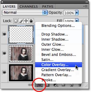 Switch back to the Layers panel, click on the Layer Styles icon and choose Color