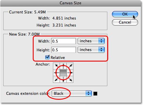 This brings up Photoshop s Canvas Size dialog box. I m going to add half an inch of canvas space around my photo by entering a value of 0.5 inches for both the Width and Height options.