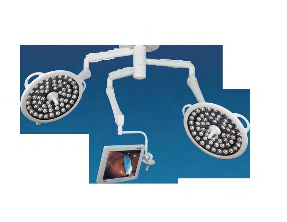 Configurations include three light heads, two light heads with video monitor arm,