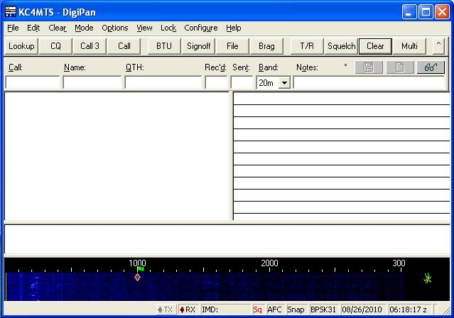 Configuration of the program: continued This is the main screen for Digipan 2.0. Below the blue title bar is the menu bar, the function bar and the QSO log bar.