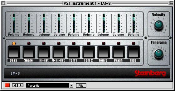 - 8 - LM-9 Volume fader (one for each drum sound). This sets the global velocity sensitivity for LM-9. Program switch Pad (one for each drum sound).