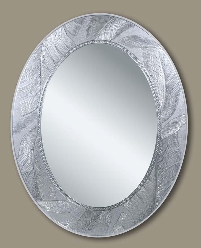 Tropical Palm Oval Features: Frameless Oval Mirror / Mounted Translucent Textured Relief Replicates Fused Glass Compliments