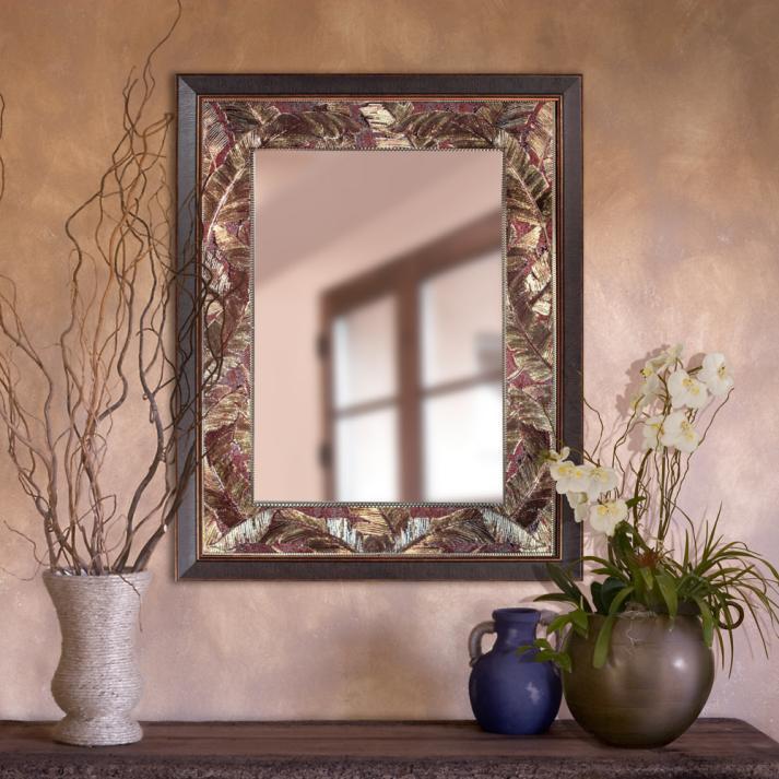Tropical Palm Mirror Beautiful Green and Sepia Screen printed border The Tropical palm Mirror will give you the distinctive centerpiece accessory you